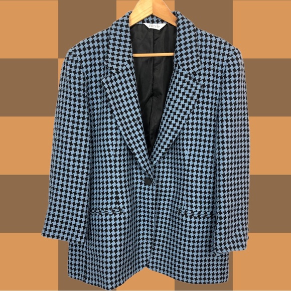 Vintage Houndstooth Tweed Wool Blend Oversized Shoulder Pad Boyfriend Blazer 12 - Picture 8 of 8
